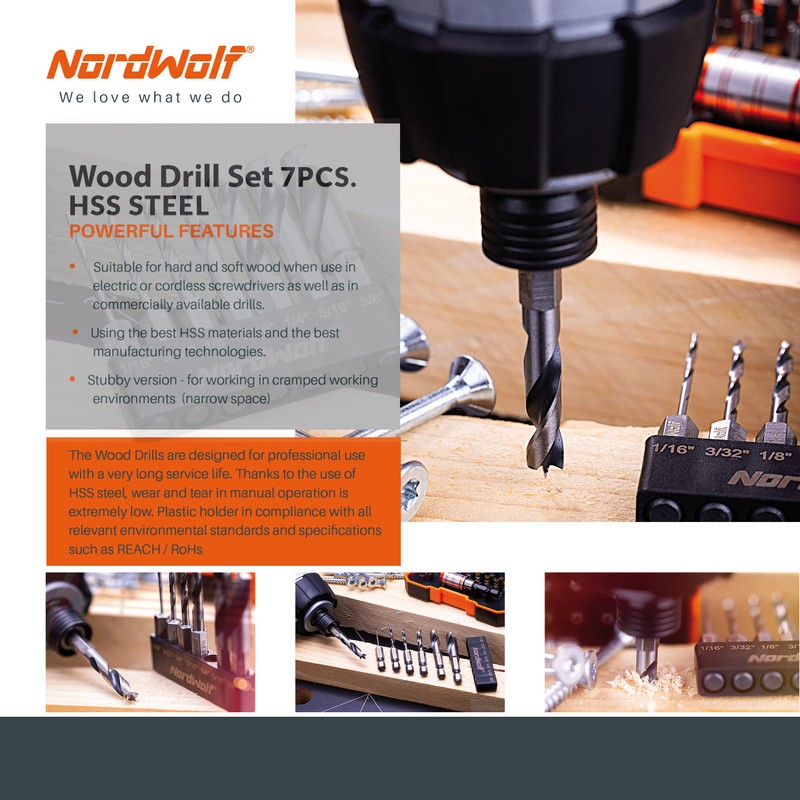 NordWolf 7-Piece HSS Brad Point Stubby Wood Drill Bit Set