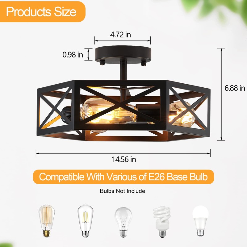 XSDeTu Semi Flush Mount Ceiling Light Fixture, Modern Farmhouse 3-Light