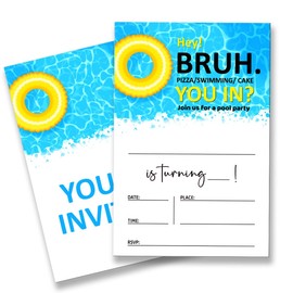 QZJ Pool Birthday Party Invitation Supplies with Envelopes Set of 20 Bruh Birthday Party Invitation Fill in Blank, Double Sided