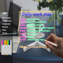 Acrylic Erasable Transparent LED Drawing Board Night Light 7.95 * 7.83Inch White Pen Doodle Writing Message Memo List Calendar USB Connect Gift for Kids Holiday Birthday Office Cafe Home