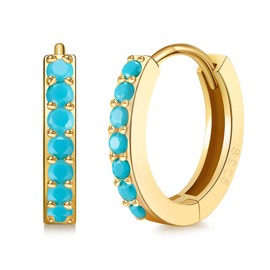 SWEETV 14k Gold Plated Sterling Silver Huggie Hoop Earrings for Women 8mm Tiny Small Turquoise Cartilage Hoops Lightweight