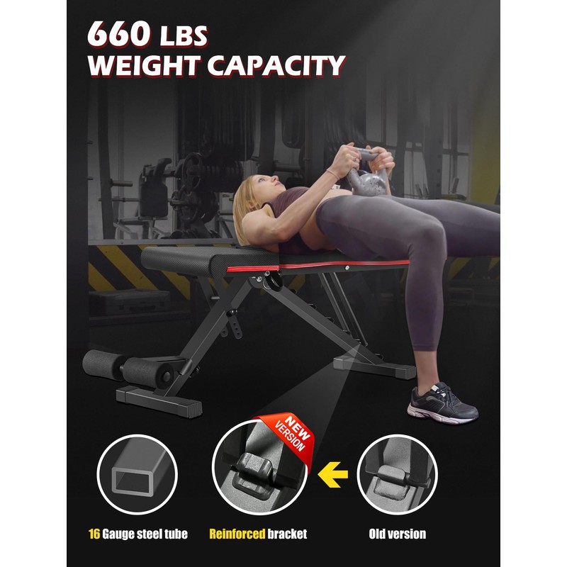 LINODI Adjustable Weight Bench for Home Gym，Foldable Incline Decline Flat