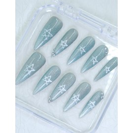 Duotaoii Almond Press on Nails Long Fake Nails Handmade False Nails Green Magic Pentagram Hand-Painted Nail Charms, Acrylic Nail Kit Glue on Gel Nails, Reusable Stick on Nails for Women 10pcs M