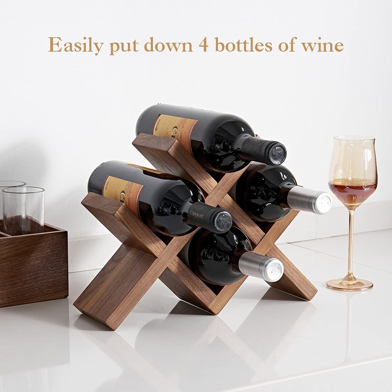 OAKERLAND Walnut Wood Wine Storage Rack Countertop, 4 Bottle Wine