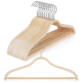 TOPIA HANGER Sleek Wooden Hangers with Non-Slip Rubber Grips, Sweater Hangers No Shoulder Bump, Lightweight Clothes Hangers 10-Pack, 360° Swivel Hook and Pants Bar-CT63N