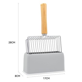 Katzenstreuschaufel mit Behälter, Katzenklo Schaufel Metall mit Halterung, Katzenstreu Schaufel mit Holzgriff, Lochabstand 7mm, Länge 28cm, Litter Box Scoop, Cat Litter Scoop