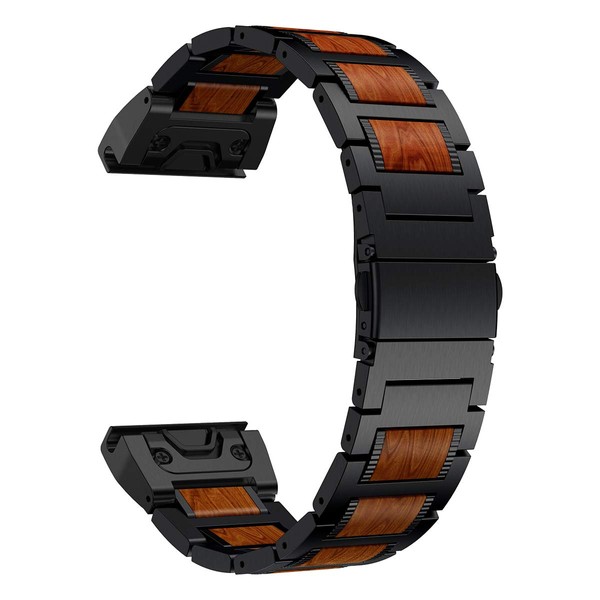 LDFAS Fenix 7X/6X/5X Plus Band, Natural Wood Red Sandalwood Stainless Steel Metal Watch Band, 26mm Quick Release Easy Fit Strap Compatible for Garmin Fenix 7X/6X Pro/5X/5X Plus/3HR/Descent Mk2