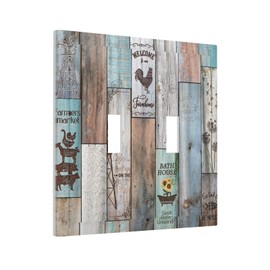 Vintage Farmhouse Rustic Wood Plank Western Barn Door Double Toggle Light Switch Covers Plate Decorative 2-Gang Wall Plate Cover Dual Device Electrical Switchplate Faceplate for Country Bathroom