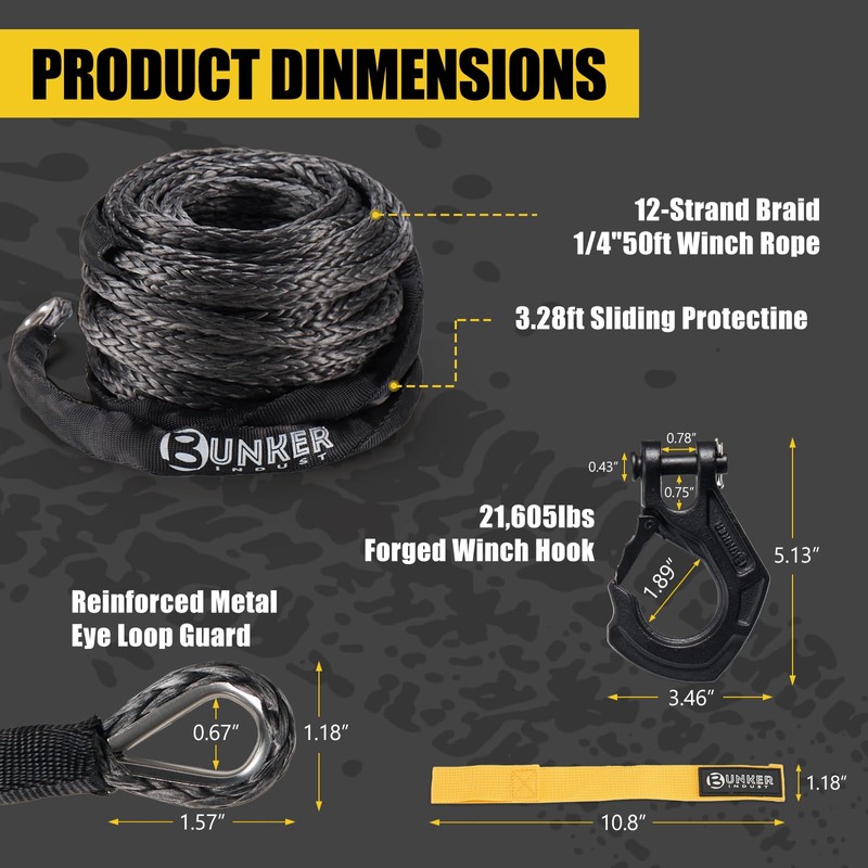 BUNKER INDUST 1/4" x 50' Synthetic Winch Rope Kit,11023LBS Winch