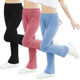 Girls Mid-Rise Flared Pants, 3 Pack Soft Rayon Stretch Bell Bottoms for Kids, Skinny Fit Bootcut Leggings