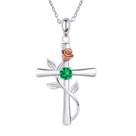 AM ANNIS MUNN Cross Necklace for Women, 925 Sterling Silver Emerald Necklace for Women with Rose Flower Birthstone Necklace Jewelry Birthday Gifts for Women