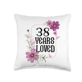 38 Years Old Wedding Anniversary Gift 38 Years Loved Husband Wife Floral 38th Anniversary Throw Pillow, 16x16, Multicolor