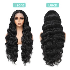 Humistwbiu 13x6 Lace Frontal Wig Long Body Wave Wigs Pre-Plucked Hairline with Baby Hair Transparent Swiss Lace Heat Resistant Synthetic Hair Glueless Lace Front Wavy Wigs for Women 32 Inch (#Black)