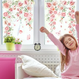 JarThenaAMCS 9 Sheets Spring Summer Floral Window Clings Hanging Pink Flower Vine Leaves Window Stickers Double-Sided Glass Decals for School Classroom Home Office Party Decoration