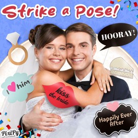 Wedding Photo Booth Props - 70 Pieces, Multicolored - Fun Photoshoot Party Selfie Accessories - Silly Group Picture Favors for Wedding Reception, Anniversary, Engagement, or Shower