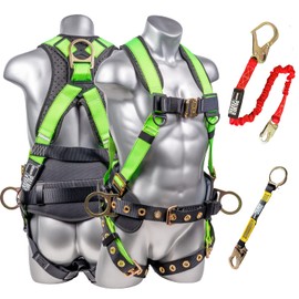 Palmer Safety Hammerhead Safety Harness, Padded Back Support, QCB, Grommet Legs, 6' Safety Lanyard with Rebar Hooks, OSHA ANSI Industrial Roofing Tool Equipment (Hi Vis Green - 2XLG)