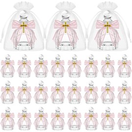 Newtay Holy Water Bottles Catholic Bulk Glass Baptism Favors for Guests Christian Water Container with Cross Organza Bags Bow for Holy Communion Gifts Church Wedding Baptism(Pink,24 Set)