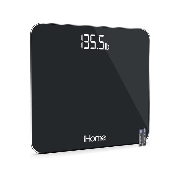 iHome Digital Scale Step-On Bathroom Scale - iHome High Precision Body Weight Scale - 400 lbs, Battery Powered with LED Display - Batteries Included -Great for Home Gym (Black)