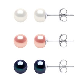 PEARLS & COLORS - 3 Pairs of Earrings - Genuine Freshwater Cultured Pearls Buttons 6-7 mm - 925 Sterling Silver - Women's Jewellery