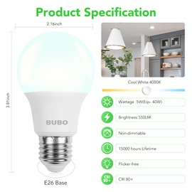 BUBO A19 LED Light Bulbs, 40 Watt Equivalent LED Bulbs, Cool White 4000K, 550 Lumens, E26 Standard Base, Non-Dimmable, 5W Cool White LED Bulbs for Bedroom Living Room Home Office, 3 Pack