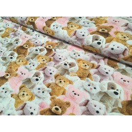 Sweet Teddy Bear Dog Cat Animal Print Fabric Stretch Cotton Jersey Material for Kids Home - 160cm Wide - Pink (1 Metre)