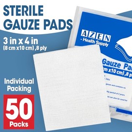 AZEN 50 Pack Sterile Gauze Pads, 3" x 4" Non Stick Gauze Pads, 8-Ply Cotton Gauze Sponges for Wound Care and First Aid, Highly Absorbent Individually 