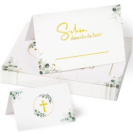 MEJOSER Pack of 50 Place Cards Communion Christening Confirmation Table Decoration Wedding Name Badges Girls Boys Eucalyptus Schön dass du da bist Place Cards Name Cards for Labelling Party Decoration