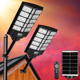 2Pack - 4800W, Solar Street Lights Outdoor Waterproof, Wood, Pole, or Anchor Install, Led Street Lights Outdoor, 7000K Dusk to Dawn, Solar Street Light, Motion Sensing with Remote for Garden, Walkway