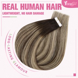 YoungSee Human Hair Tape in Extensions Balayage 20pcs Invisible Tape in Hair Extensions Human Hair Dark Brown Ombre Ash Blonde Tape in Extensions for Everyday Use 18In 50g Comfortable Hair Extensions