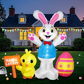 Raymall Easter Inflatables Outdoor Decorations, 5FT Tall Easter Blow Up Bunny Inflatable with Chick, Egg and Happy Yard Sign