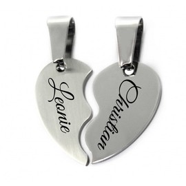 aplusashop ID Partner Pendant Split Heart + Chains with Engraving of Choice Two Heart Parts, Stainless Steel, No Gemstone