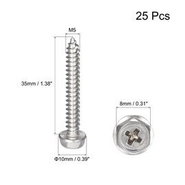 sourcing map Phillips Hex Washer Self Tapping Screws, M5 x 35mm 304 Stainless Steel Hex Flange Sheet Metal Screw 25pcs