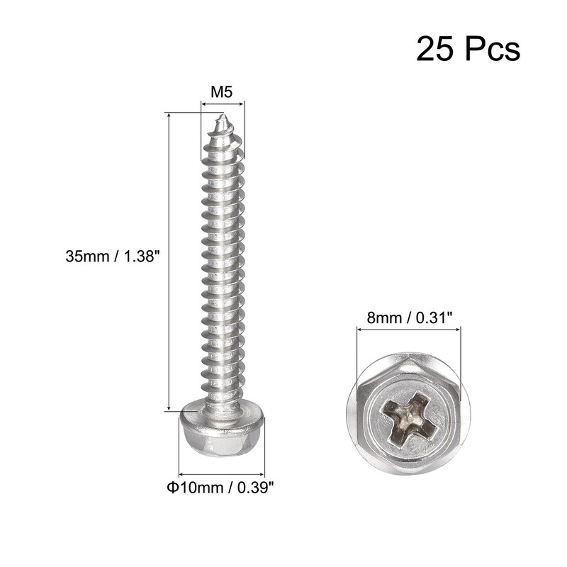 sourcing map Phillips Hex Washer Self Tapping Screws, M5 x