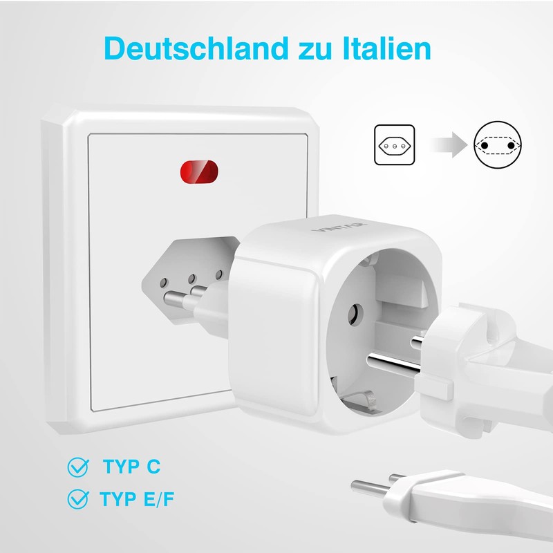 VINTAR 2 PC Adapter Italy Socket, Europe/Germany to Italy Travel