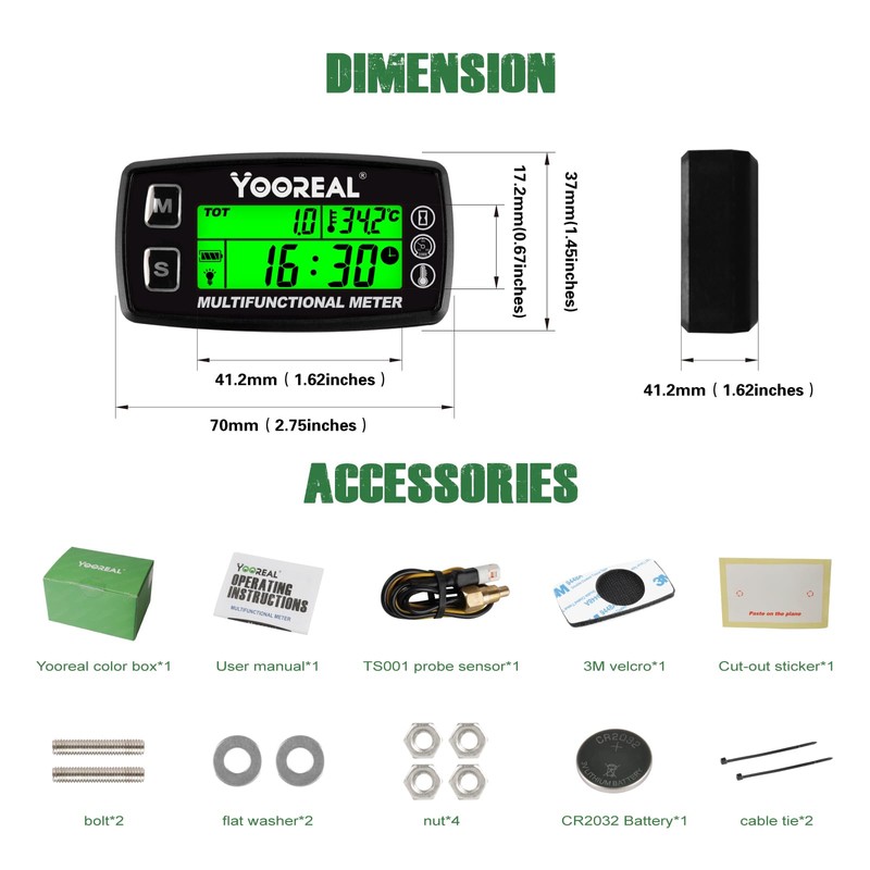 Yooreal Engine Water Oil Temperature Gauge Digital Tachometer Hour Meter,Alert