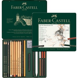 Faber-Castell Pitt Monochrome Set in Storage Tin, Medium, 112976 Dark Pieces + 2 Pads