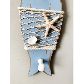 Hanging Vintage Antique Wood Fish Wall Hook Keys Coat Apron Wall Hanger Kitchen Bathroom Bedroom Patio Indoor Outdoor Nautical Home Decoration 13.4‘’H (Light Blue)