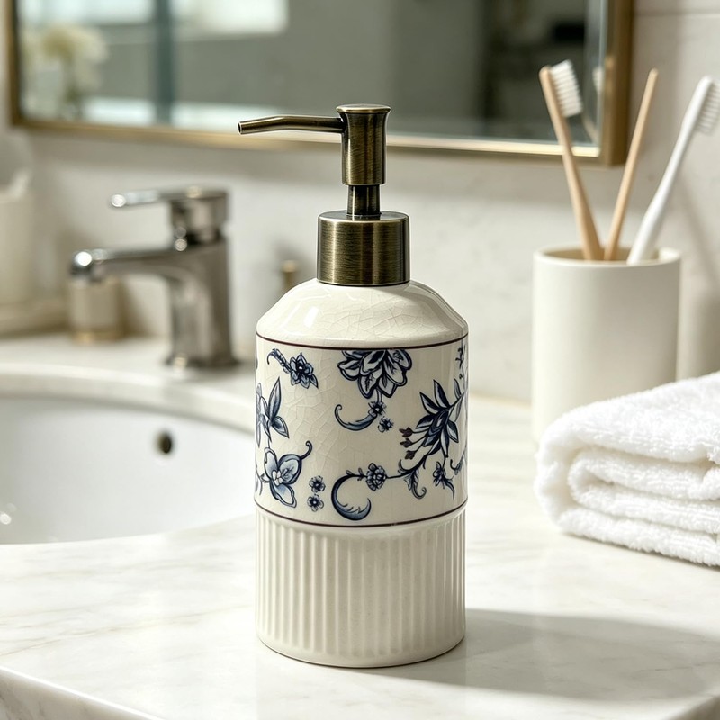Blue Floral Ceramic Soap Dispenser 8.8Oz with Pump