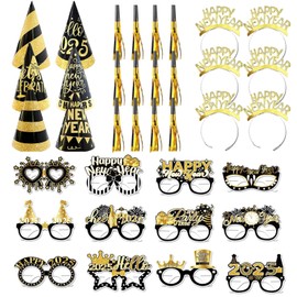 New Years Eve Decorations 2025,New Years Eve Accessories,New Years Headbands, New Years Eve Glasses, Cone Party Hats and Fringed Noisemaker,36Pcs New Years Eve Party Props
