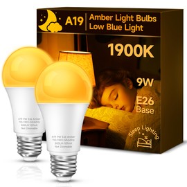 UNILAMP Amber Sleep Light Bulbs, Blue Lights Blocking, 1900K Warm Light Bulb, A19 9W (60W Equivalent) Dim Light Bulbs for Lamp, Bedroom, Nursery, Sleep Therapy, 2 Pack
