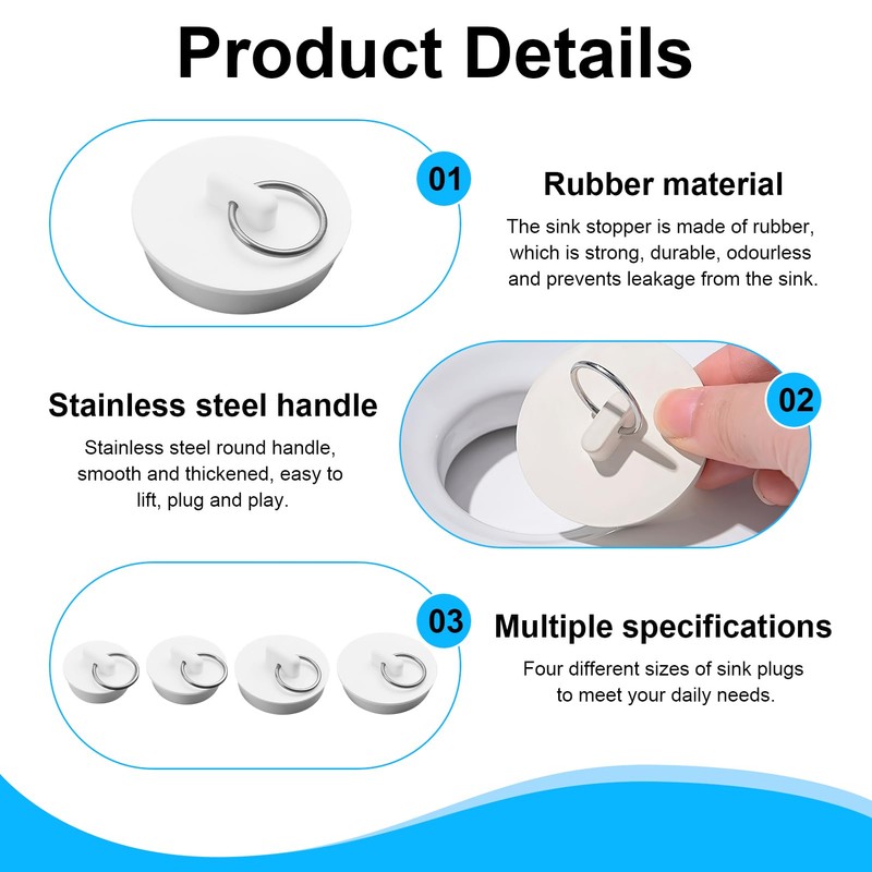 Rubber Bath Plug Replacement Set 4PCS, Fit for UK Universal