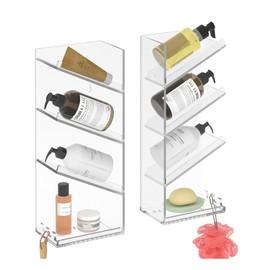 MULSAME Acrylic Shower Shelves， Shower Caddy Adhesive with Water Guide, 2 Pack Clear Shower Organizer, Wall Mounted Shower Shelves Rustproof and Nail-Free, Sturdy and Durable Shelf Combination