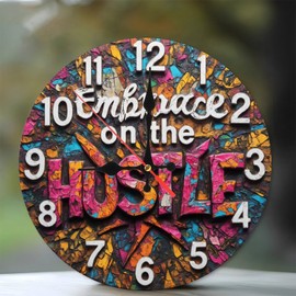 Embrace The Hustle Colorful Wall Clock Unique Home Decor 10-Inch Wooden Wall Clock, Silent Movement, Battery Operated (AA Batteries Not Included), Artistic Home Decor, Perfect for Home Accents