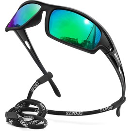 AWGSEE Gafas de sol deportivas polarizadas para hombre, 100% protección UV envolventes alrededor irrompibles gafas de sol para pesca y conducción, Marco negro y espejo verde., M
