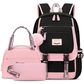 Hey Yoo School Backpacks for Girls Backpack with Lunch Box Teen Girl Bookbag Set Cute School Backpack for Girls (Pink)