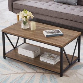 FOLUBAN Coffee Table with Storage Shelf, Modern Industrial Metal and Wood Living Room Table, Small Rectangle Cocktail Tea Table for Bedroom Home Office, Rustic Oak, 39.3 Inch