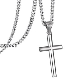 murtoo 925 Sterling Silver Cross Necklce for Men, Cross Pendant Necklace with Stainless Steel Curb Chain Wheat Chain Twisted Rope Chain, Silver Cross Chain Necklace for Men Women (Curb Chain, 24"+2")