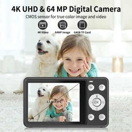 Digital Camera, 4K 64MP UHD Autofucos 18X Digital Zoom with 64GB Micro SD Card, Portable Compact Point and Shoot Camera for Photography Vlogging Teens Beginner Adult, Black