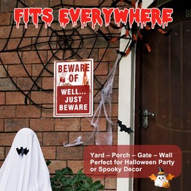 Halloween Metal Tin Sign - Beware of Well Just Beware - 8"x12" Funny Vintage Horror Sign for Haunted House, Yard, Wall, Porch - Halloween Decorations Outdoor Indoor