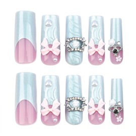 SINHOT Long Press on Nails Square Fake Nails 3D Bowknot Decor Glossy Glue on Nails Blue Chrome Acrylic Nails Squoval Artificial Nails 3D Rhinestone Stick on False Nails with Design 24 pcs